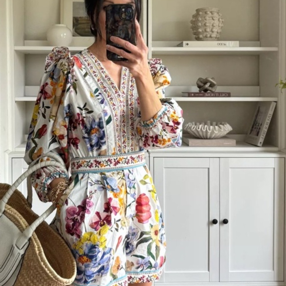 FARM Rio Greek Garden Long Sleeve Plunge Neck Cotton Romper